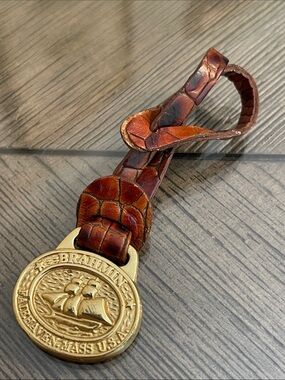 Vintage Brahmin Brass Logo Embossed Brown Croc Leather Gold-Tone Hang Tag Charm